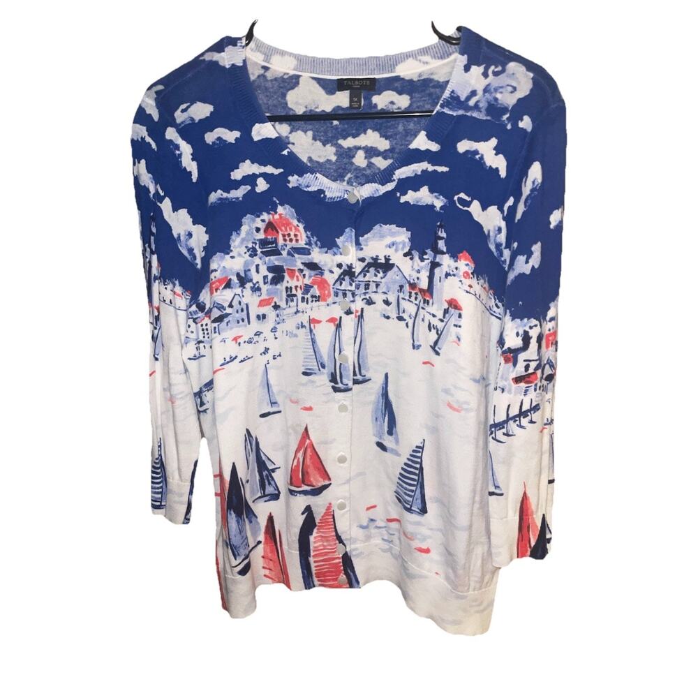 Talbots Sailboat Regatta Nautical Scene Cardigan Womens Size 1X Preppy Resort